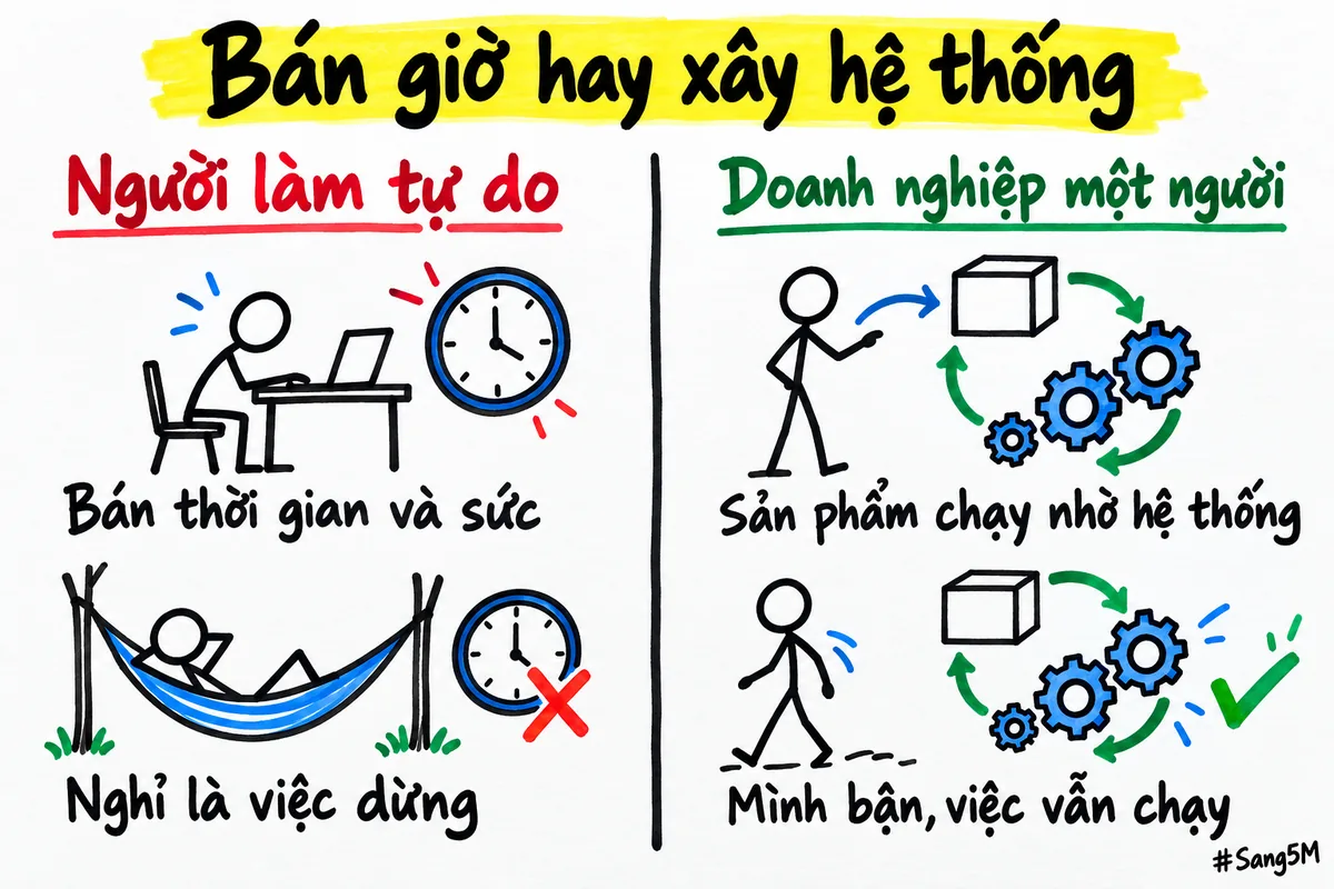Người làm tự do bán thời gian nên nghỉ là việc dừng, còn doanh nghiệp một người có sản phẩm chạy nhờ hệ thống.