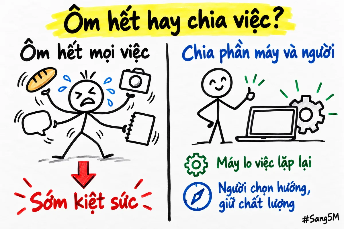 Ôm hết các việc thì sớm kiệt sức, còn chia phần thì máy lo việc lặp lại, người chọn hướng và giữ chất lượng.