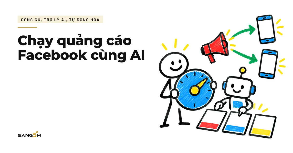 Người cầm đồng hồ đo, trợ lý AI chỉ vào ba thẻ đỏ, xanh dương, vàng, chiếc loa phát tới hai điện thoại