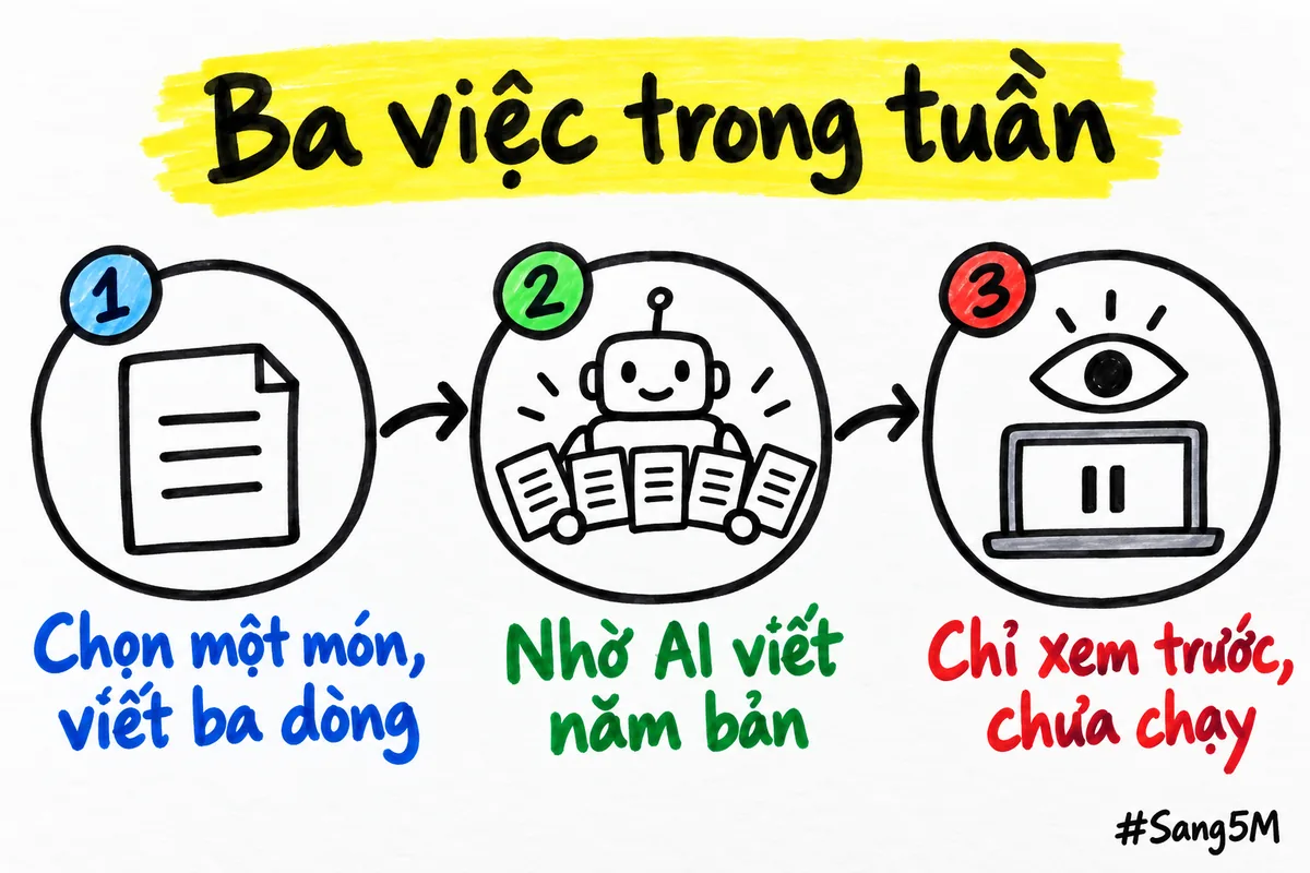 Ba việc nên làm: viết ba dòng về món bán, nhờ AI viết bản chữ, rồi xem trước các bước tạo.