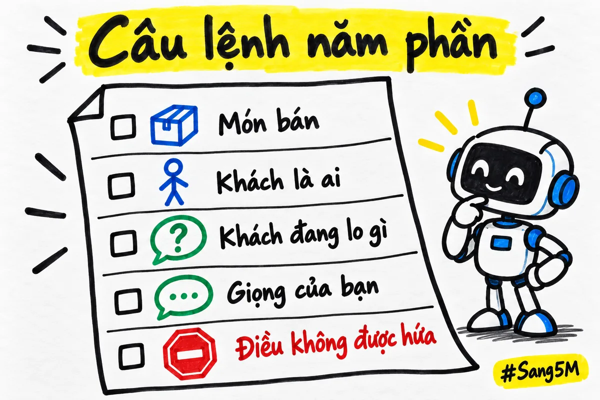 Tờ câu lệnh năm dòng gửi cho AI, từ món bán đến điều không được hứa.