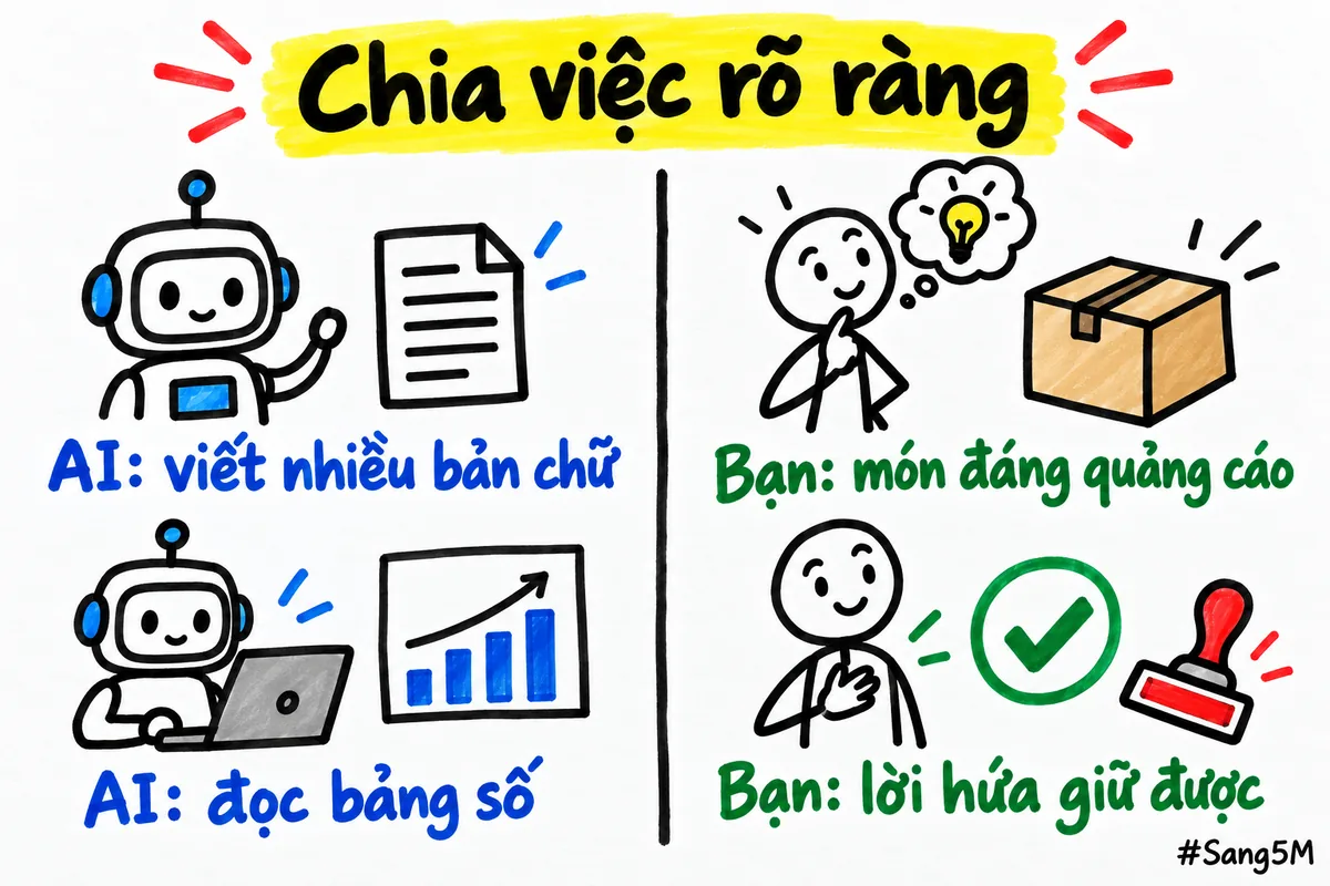 Hai cột chia việc: AI viết chữ và đọc bảng số, bạn chọn món và giữ lời hứa.