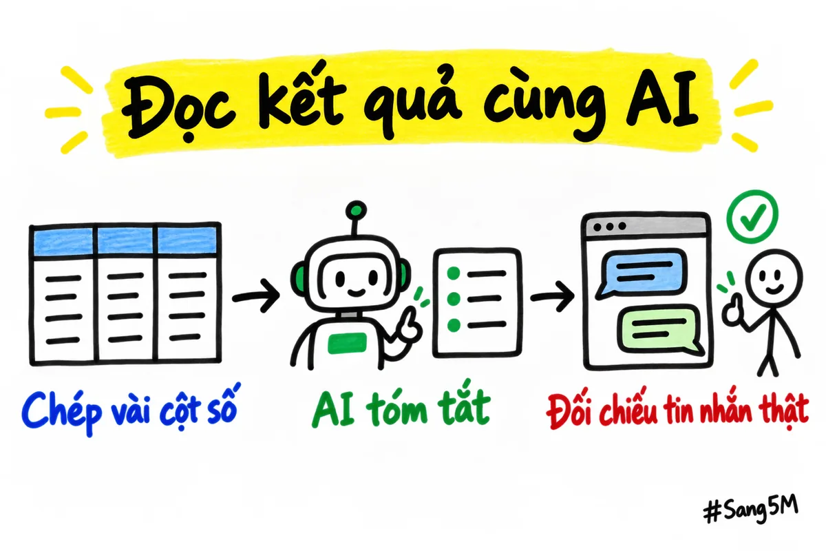 Ba bước đọc kết quả: chép vài cột số, nhờ AI tóm tắt, rồi đối chiếu với tin nhắn thật.