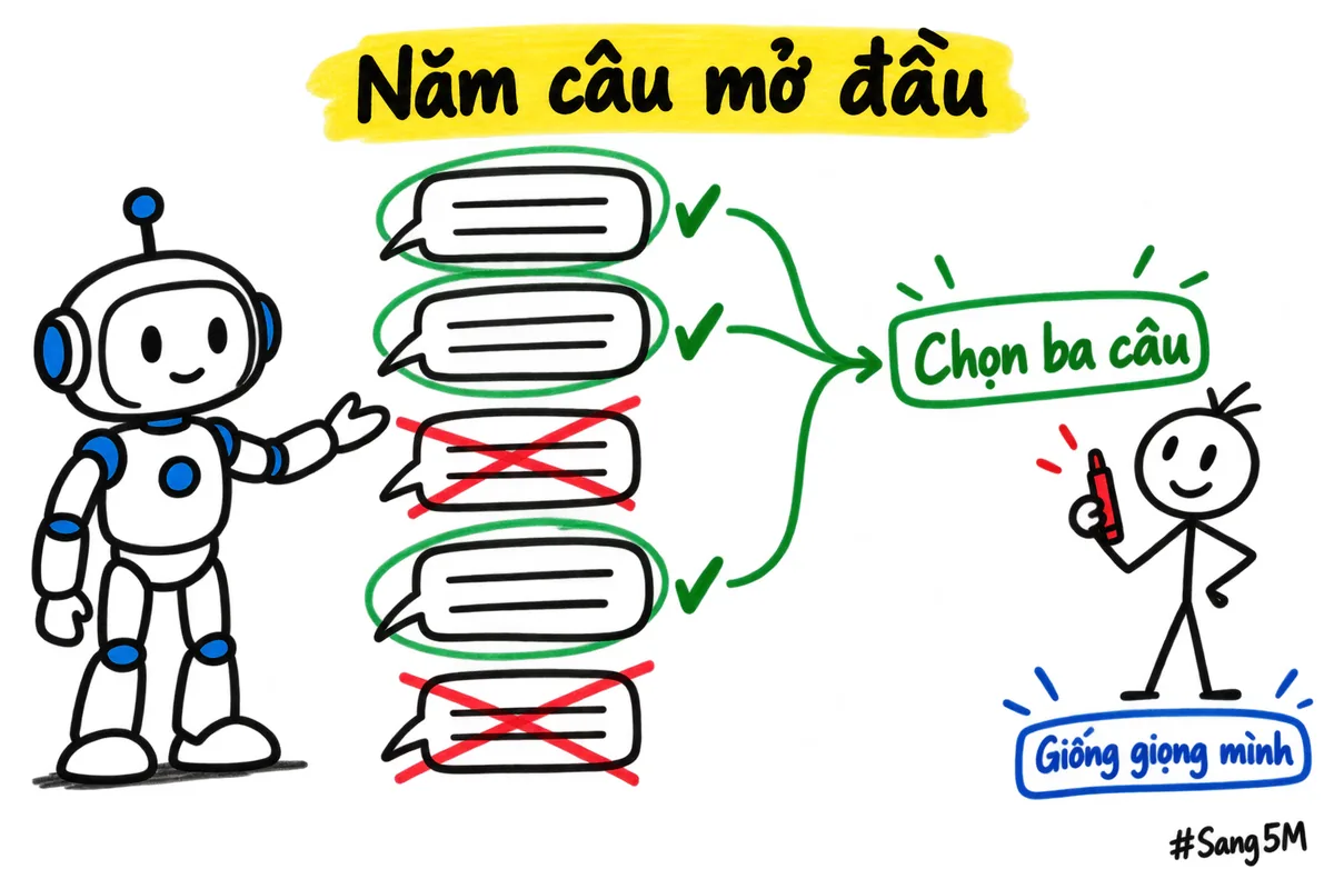 Một quảng cáo có năm câu mở đầu do AI viết, người bán chọn ba câu giống mình.