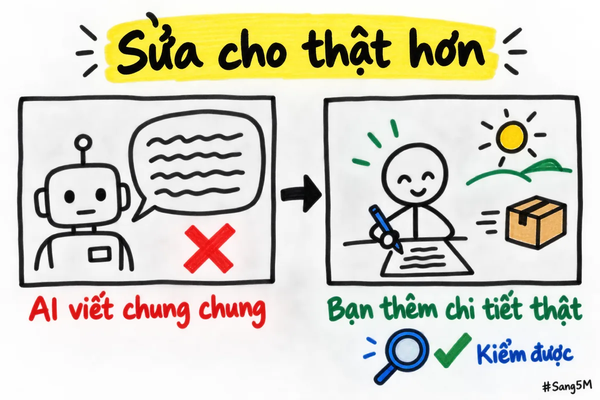 Câu AI viết chung chung bên trái, câu bạn sửa bằng chi tiết thật bên phải.