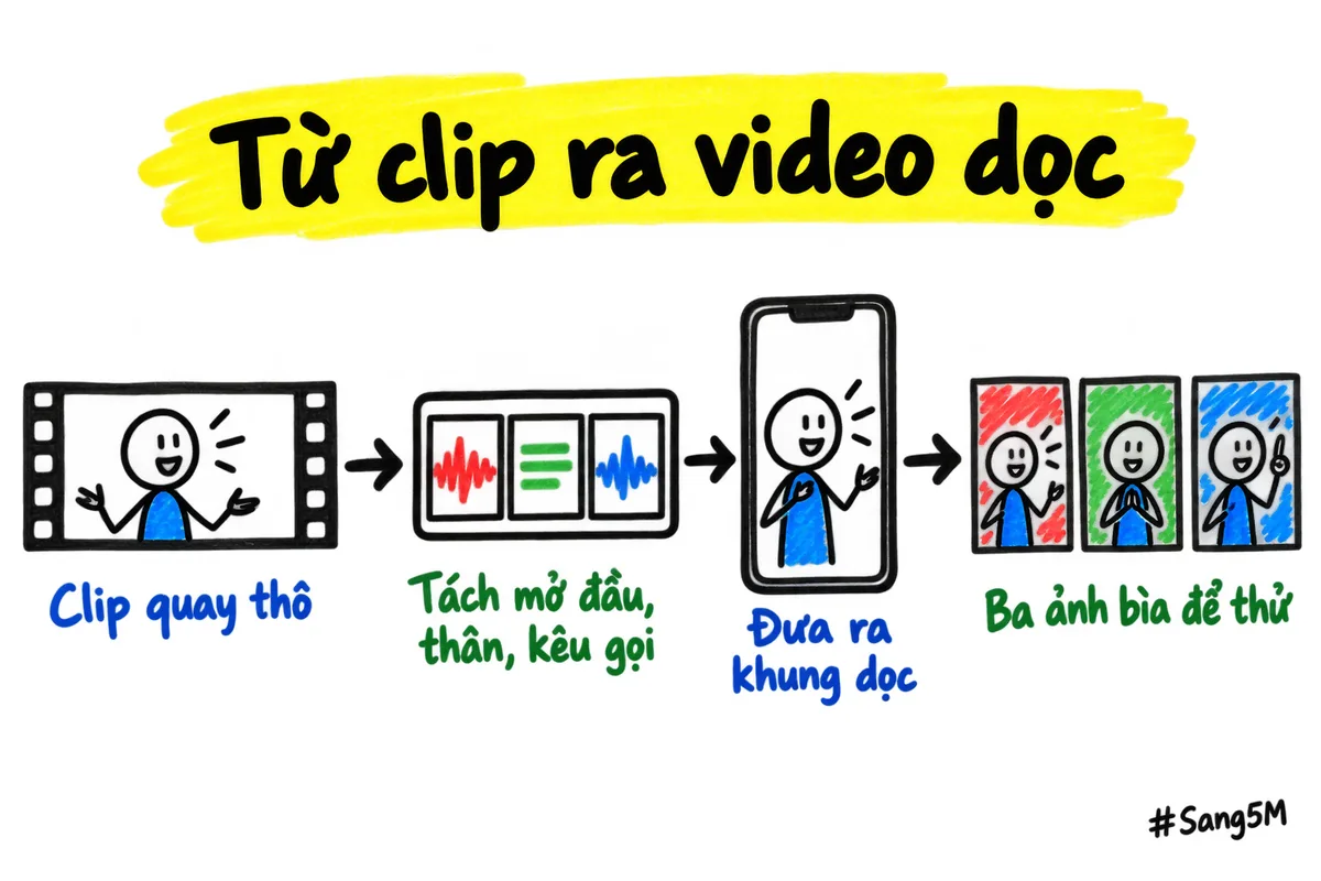 Clip quay thô đi qua công cụ dựng video, ra video dọc và ba ảnh bìa để thử.