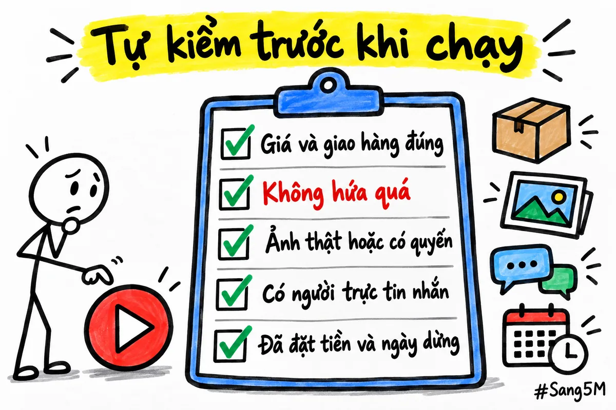 Danh sách tự kiểm trên bảng kẹp giấy trước khi bấm chạy quảng cáo.