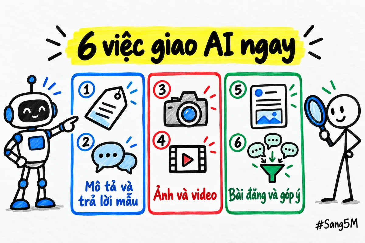 Sáu việc bán hàng online giao cho AI được ngay, gom thành ba cặp: mô tả, hình ảnh, bài đăng.