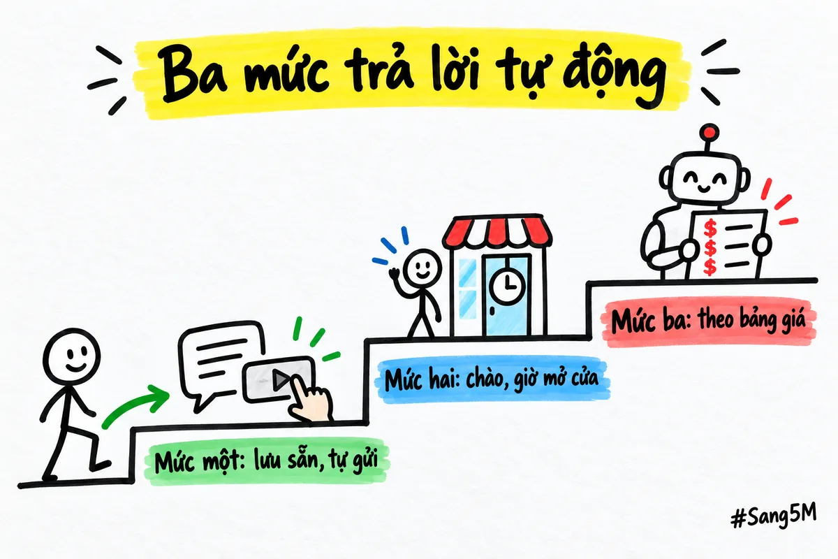 Ba bậc thang trả lời tự động, đi từ câu lưu sẵn đến trợ lý trả lời theo bảng giá.