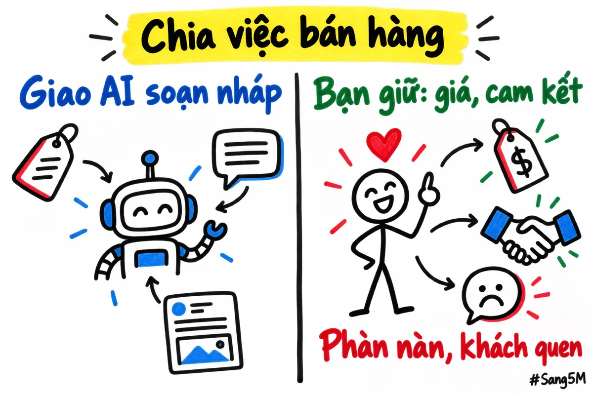 Hai cột chia việc bán hàng: AI soạn nháp, còn người bán giữ giá, cam kết và khách quen.