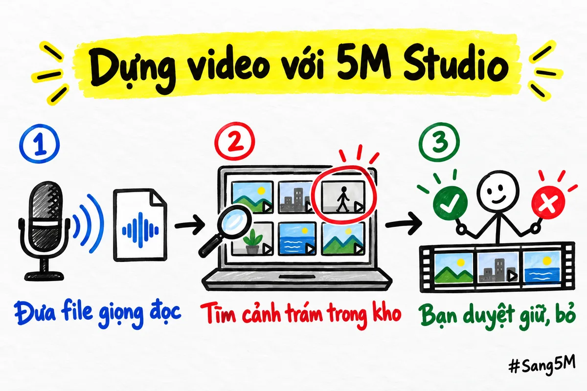 Ba bước dựng video bán hàng với 5M Studio: đưa giọng đọc, máy tìm cảnh trám, bạn duyệt.