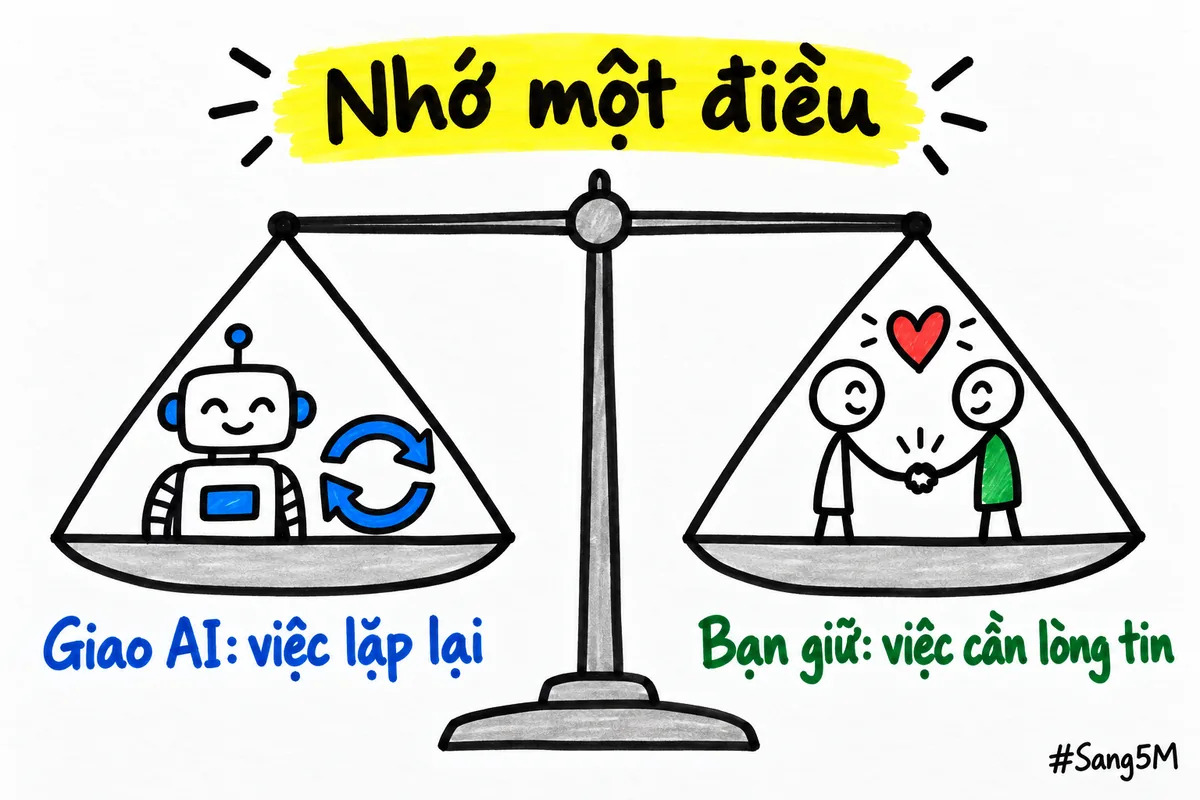 Cán cân hai bên: giao AI việc lặp lại, người bán giữ việc cần lòng tin.