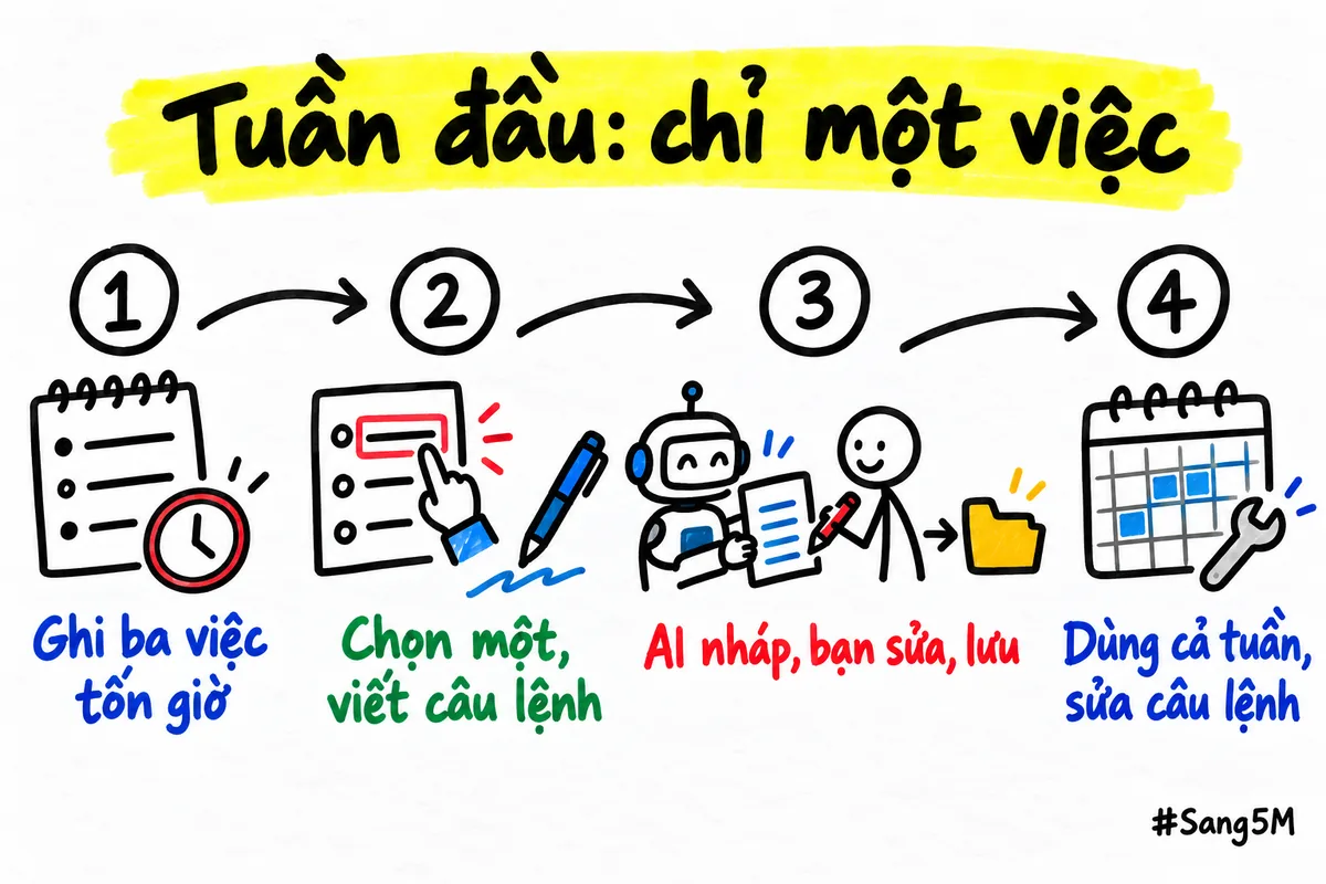 Các bước của tuần đầu dùng AI để bán hàng online, chỉ làm một việc rồi sửa câu lệnh dần.