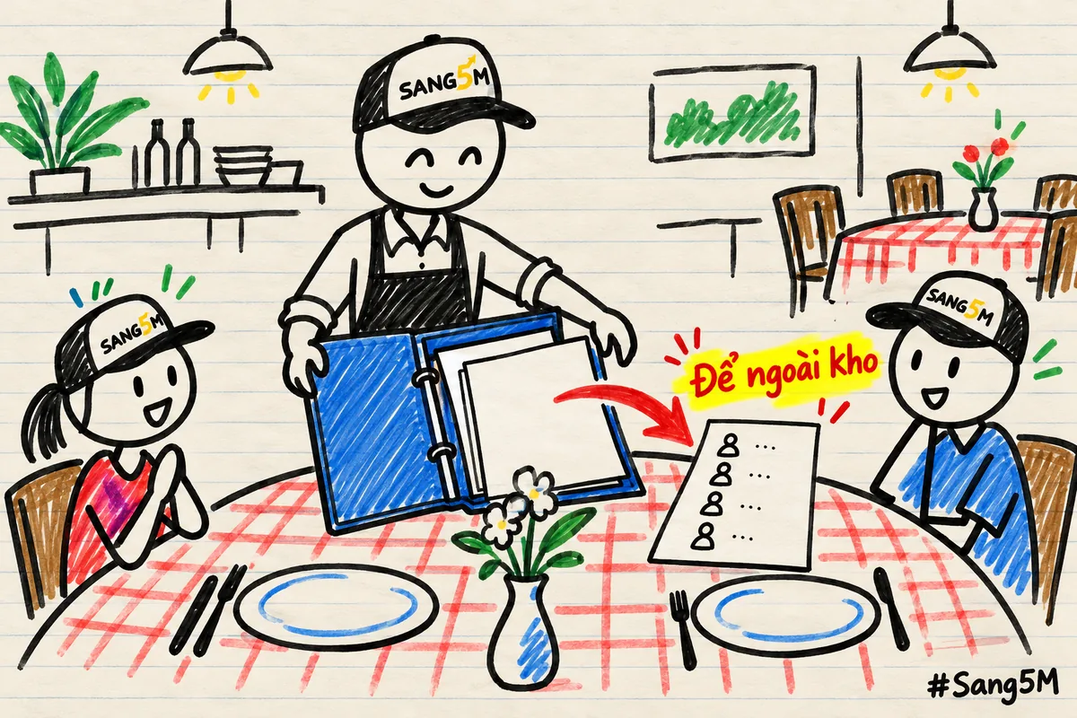 Bàn nhà hàng, tờ danh sách đặt bàn bị mũi tên đỏ đẩy ra ngoài thư mục dự án, nhãn để ngoài kho.