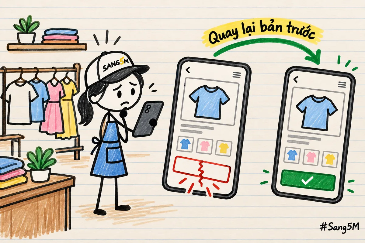 Kệ quần áo, chủ shop nhìn điện thoại có nút đặt hàng nứt, mũi tên cong sang trang gọn có dấu tích ghi quay lại bản trước.