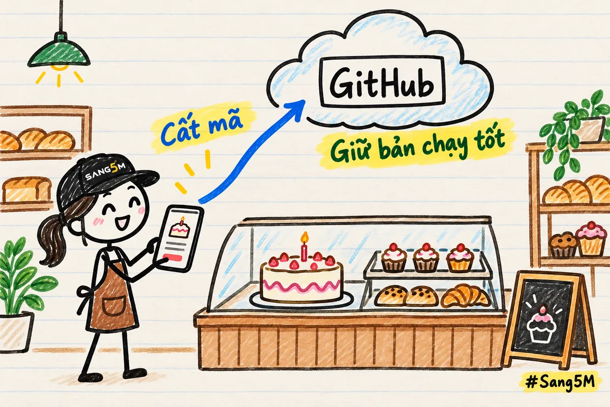 Chủ tiệm bánh cầm điện thoại có trang đặt bánh, mũi tên đưa mã lên hộp chữ GitHub trên mây để giữ bản chạy tốt.