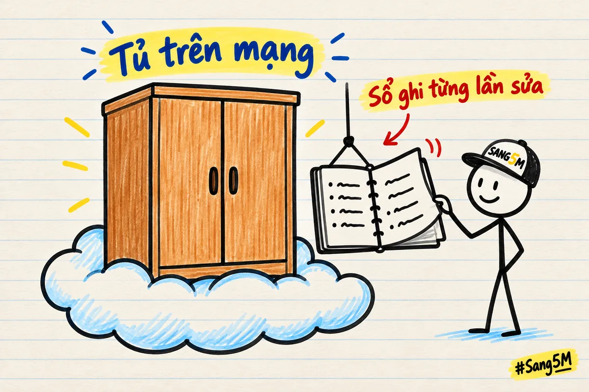Cái tủ đặt trên đám mây, cạnh tủ treo cuốn sổ có nhiều dòng gạch đầu dòng, người đội nón SANG5M đang lật sổ.
