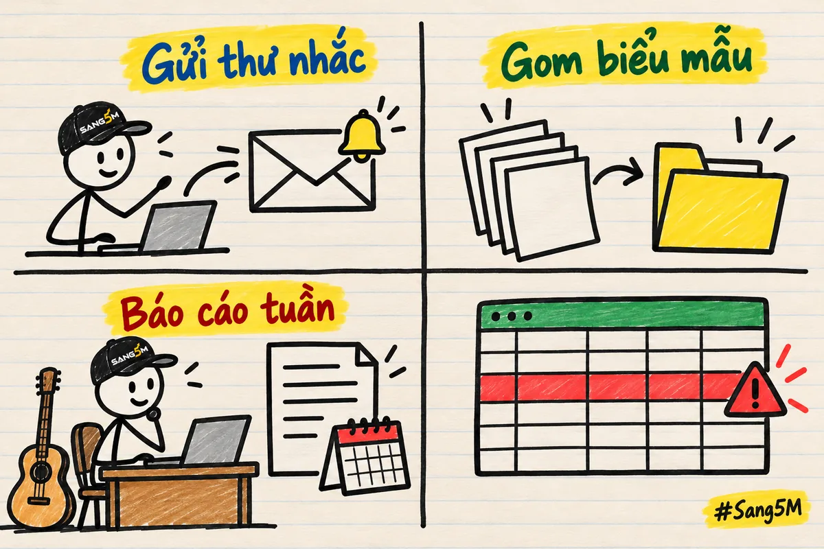 Bảng bốn ô: gửi thư nhắc, gom biểu mẫu, báo cáo tuần, dòng bảng tính tô đỏ có dấu cảnh báo; góc dưới có cây đàn.
