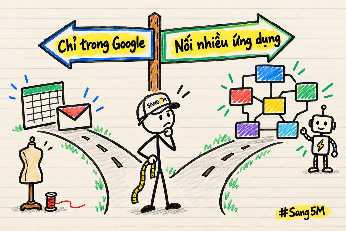 Ngã ba có hai biển chỉ trong Google và nối nhiều ứng dụng, người đội nón cầm thước dây, góc trái có hình nộm tiệm may.