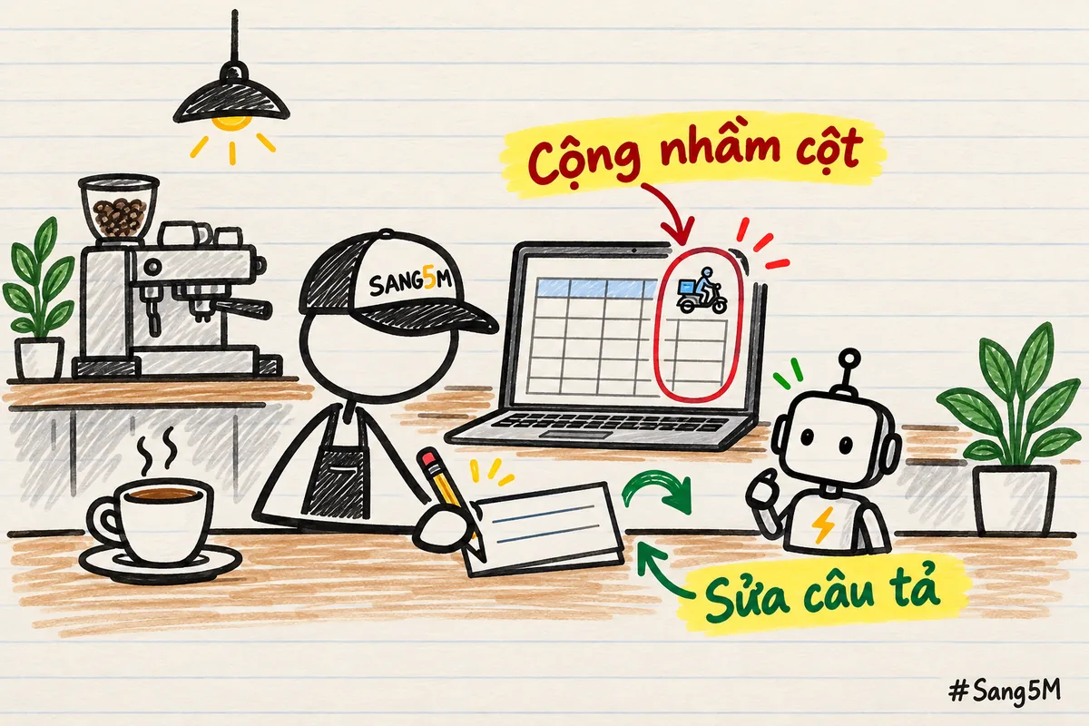 Ly cà phê cạnh bảng tiền bán, cột tiền giao hàng bị khoanh đỏ vì cộng nhầm cột, chủ quán sửa câu tả rồi chạy lại.