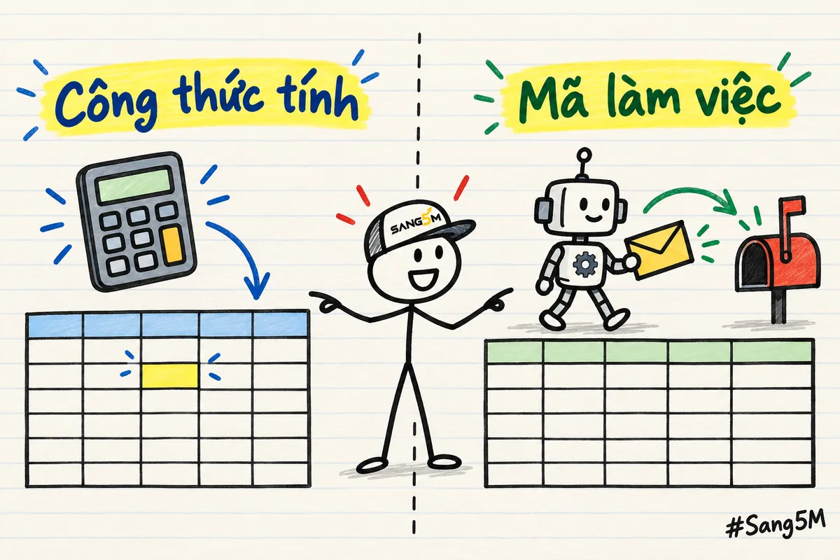 Hai cột so sánh: bảng tính có ô công thức đang tính con số, bên kia bảng tính có robot nhỏ cầm phong bì đi gửi.
