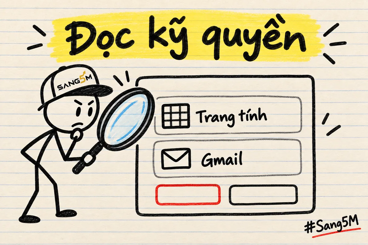 Hộp thoại xin quyền có hai dòng Trang tính và Gmail, người đội nón đang cầm kính lúp đọc kỹ quyền trước khi bấm.