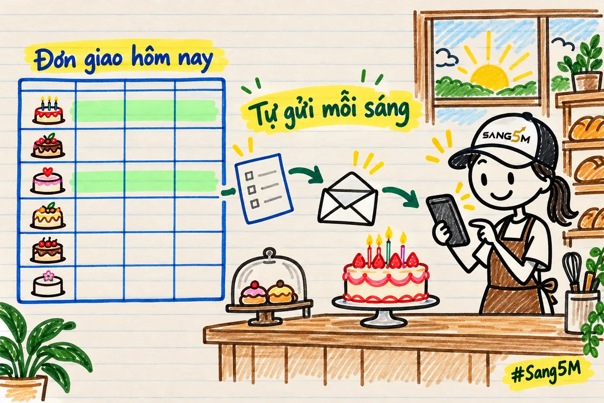 Bảng đơn của tiệm bánh, mũi tên đưa danh sách đơn giao hôm nay vào phong bì rồi tới điện thoại chủ tiệm lúc sáng.