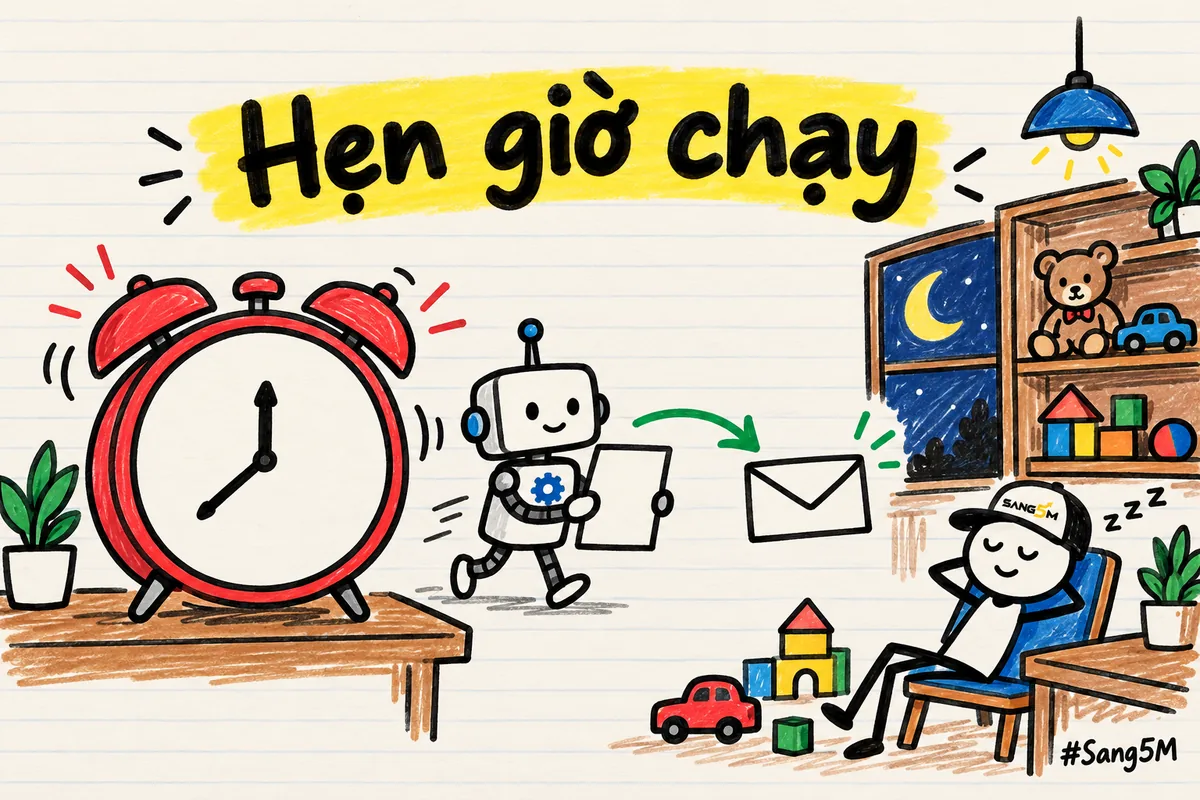 Đồng hồ báo thức cạnh cửa sổ trời tối, robot nhỏ mang tờ đơn đi gửi thư khi chủ tiệm đồ chơi ngả lưng, nhãn hẹn giờ chạy.