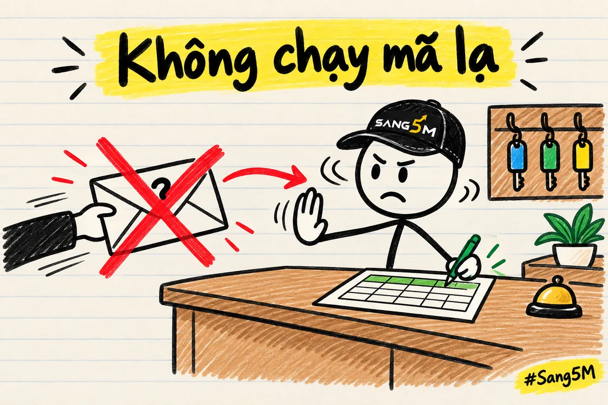 Bàn lễ tân nhà nghỉ có bảng treo chìa khoá, người đội nón giơ tay từ chối phong bì lạ bị gạch chéo, nhãn không chạy mã lạ.