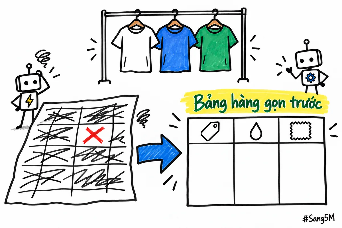 Bảng hàng thời trang lộn xộn được sắp lại thành bảng gọn, mỗi cột một loại thông tin, trước khi giao việc cho trợ lý.