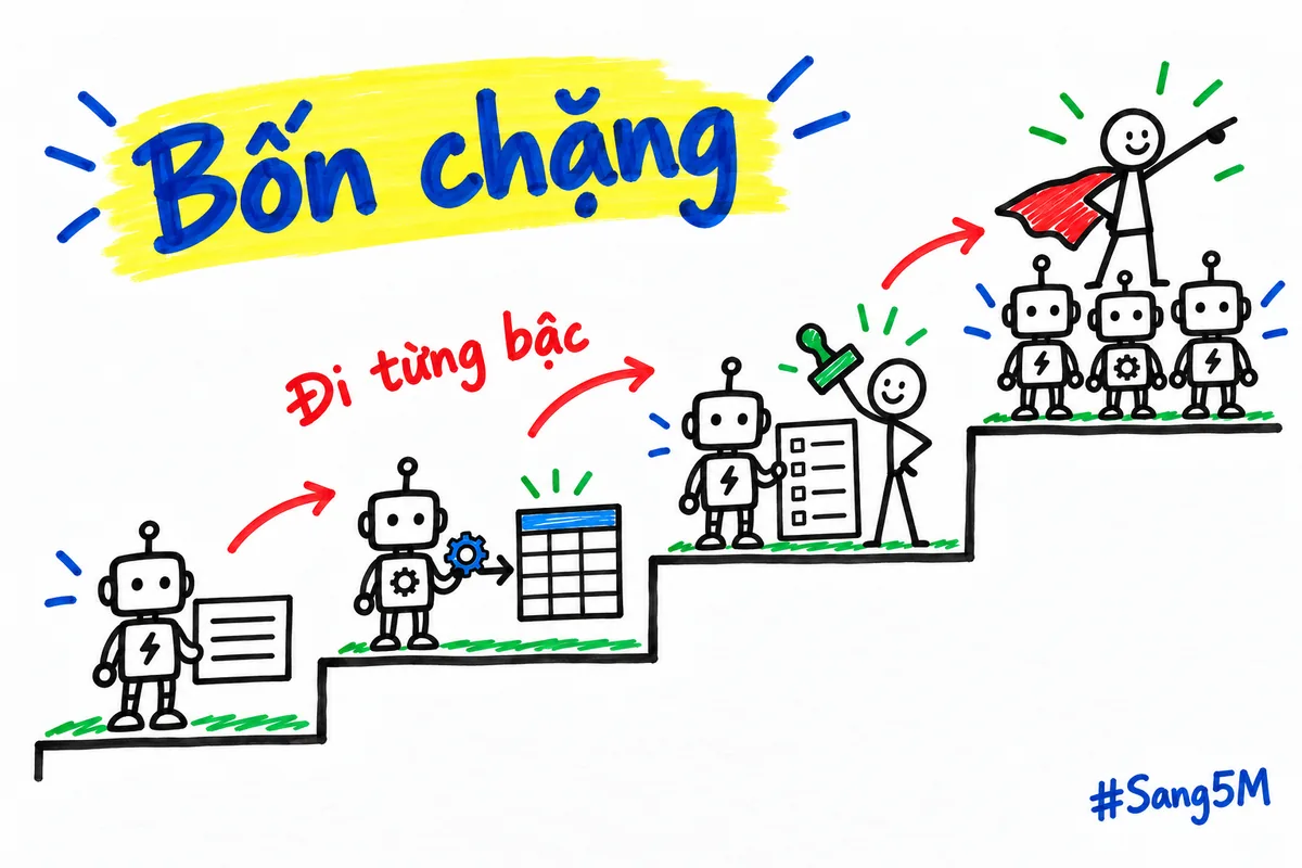 Bốn bậc thang của lộ trình học agent, mỗi bậc chỉ bước lên khi việc thật ở bậc dưới đã chạy ổn.