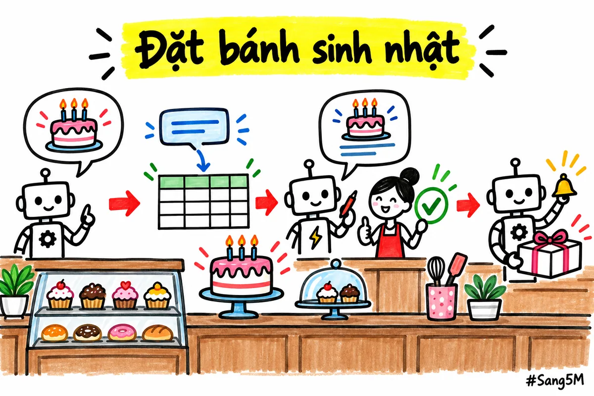 Tiệm bánh đi qua bốn chặng với việc nhận đặt bánh sinh nhật, chủ tiệm duyệt tin xác nhận trước khi gửi.