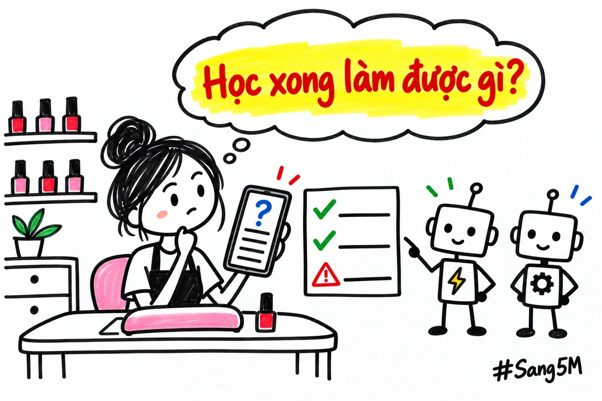 Chủ tiệm nail đọc trang giới thiệu khoá học và hỏi một câu: học xong mình tự làm được việc gì.
