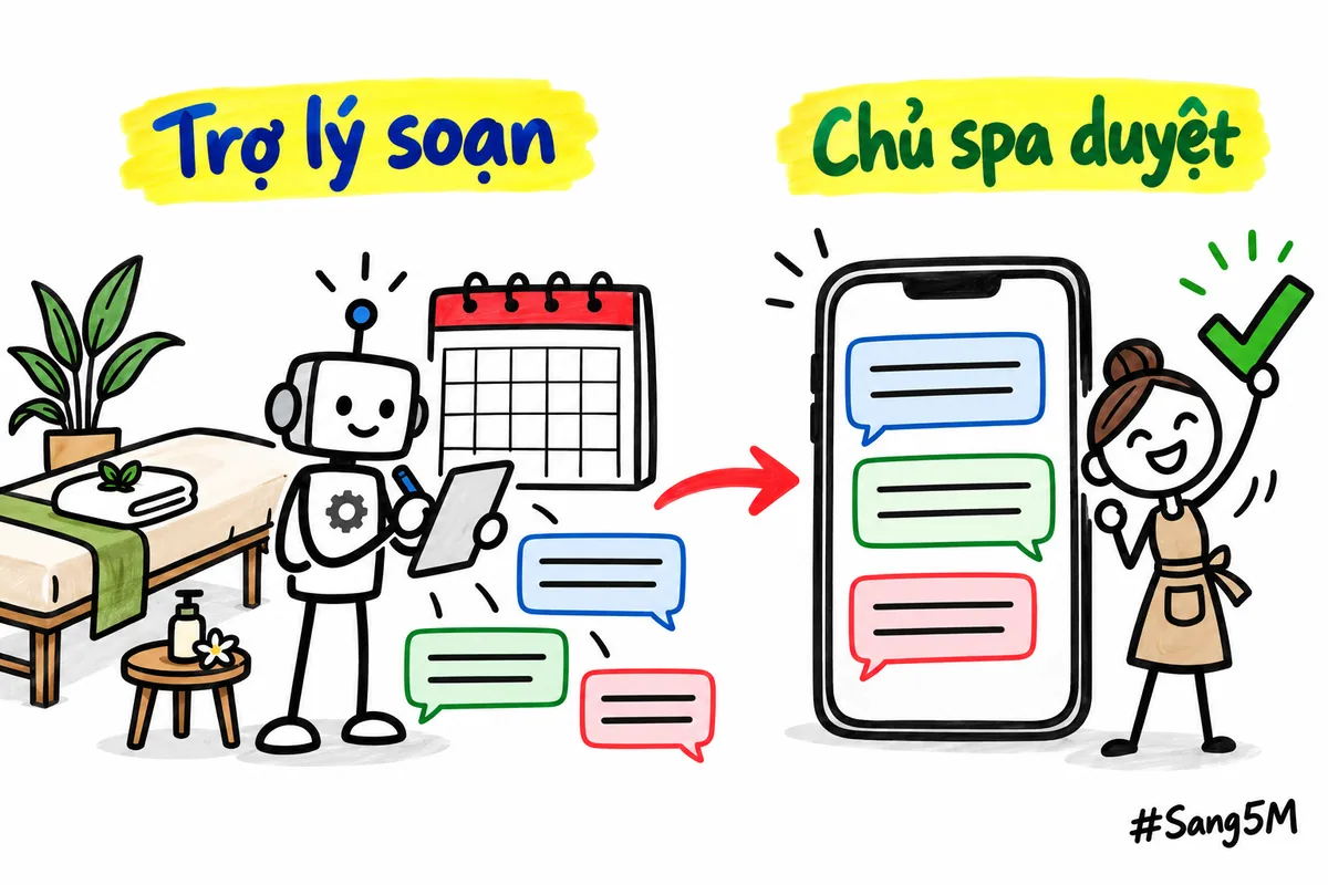 Trợ lý AI đọc lịch hẹn của spa, soạn từng tin nhắc lịch rồi chờ chủ spa đọc và duyệt trước khi gửi.