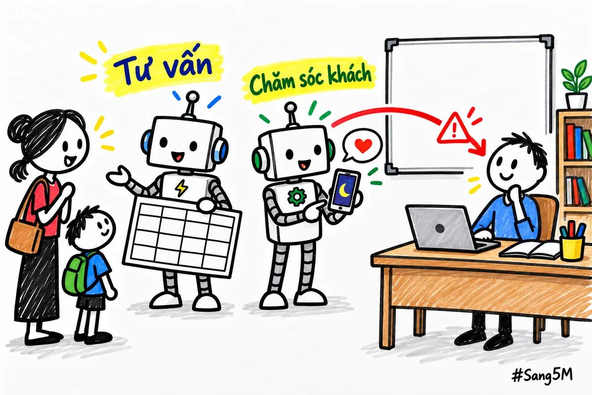 Hai nhân viên AI ở lớp dạy tiếng Anh cho trẻ: một tư vấn lịch học, một chăm sóc khách, ca khó chuyển chủ lớp.