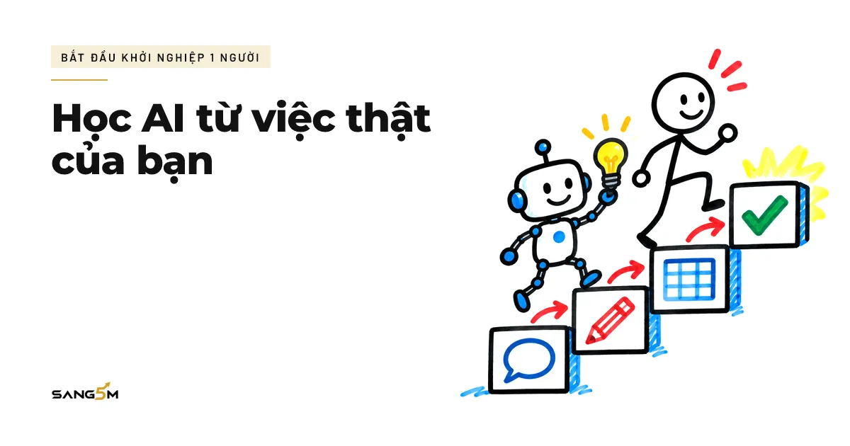 Người que và trợ lý AI cầm bóng đèn bước lên bậc thang có tin nhắn, cây bút, bảng tính và dấu tích xanh