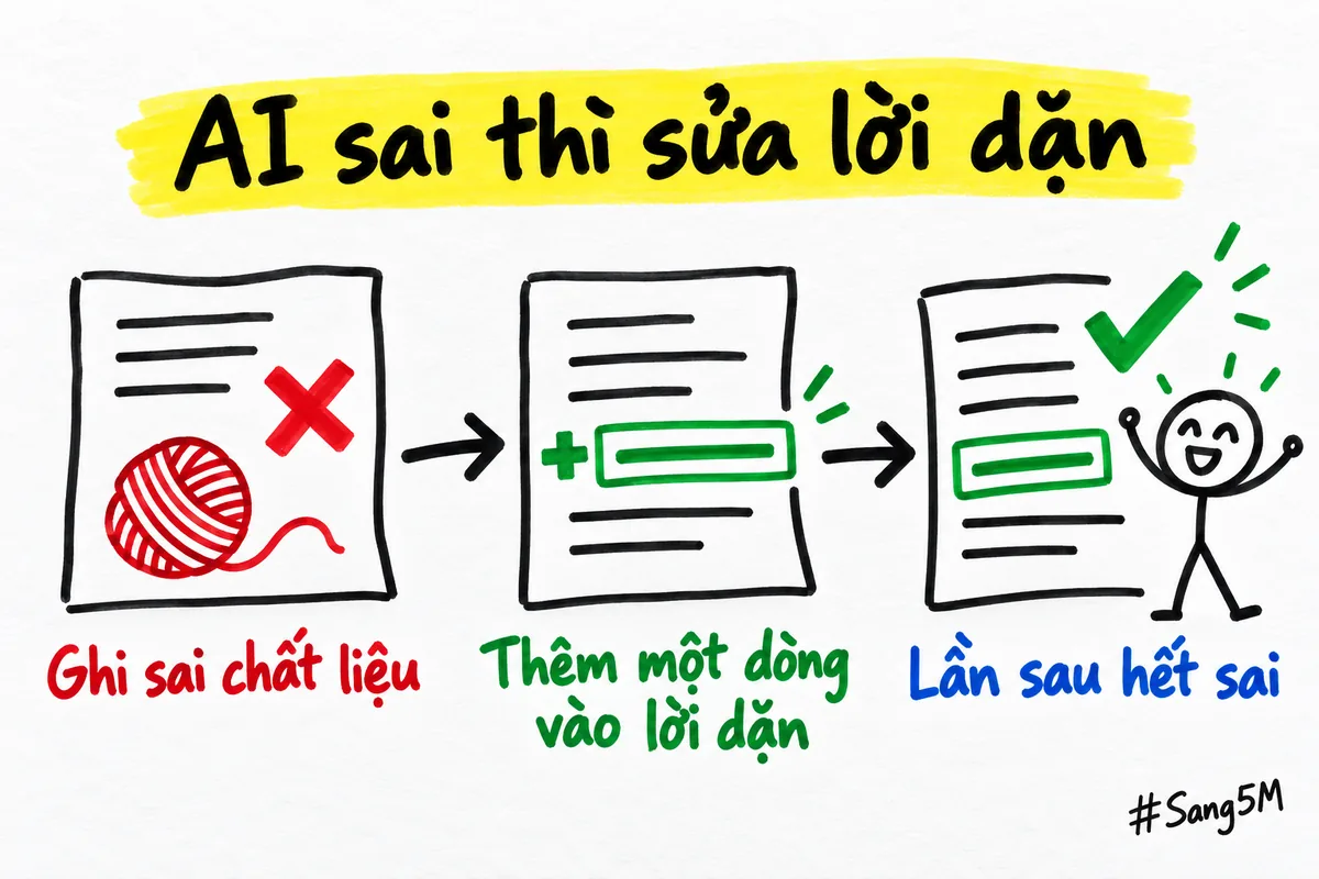 Vòng sửa lỗi gồm ba bước: AI ghi sai, thêm một dòng vào lời dặn, lần sau kết quả đúng.