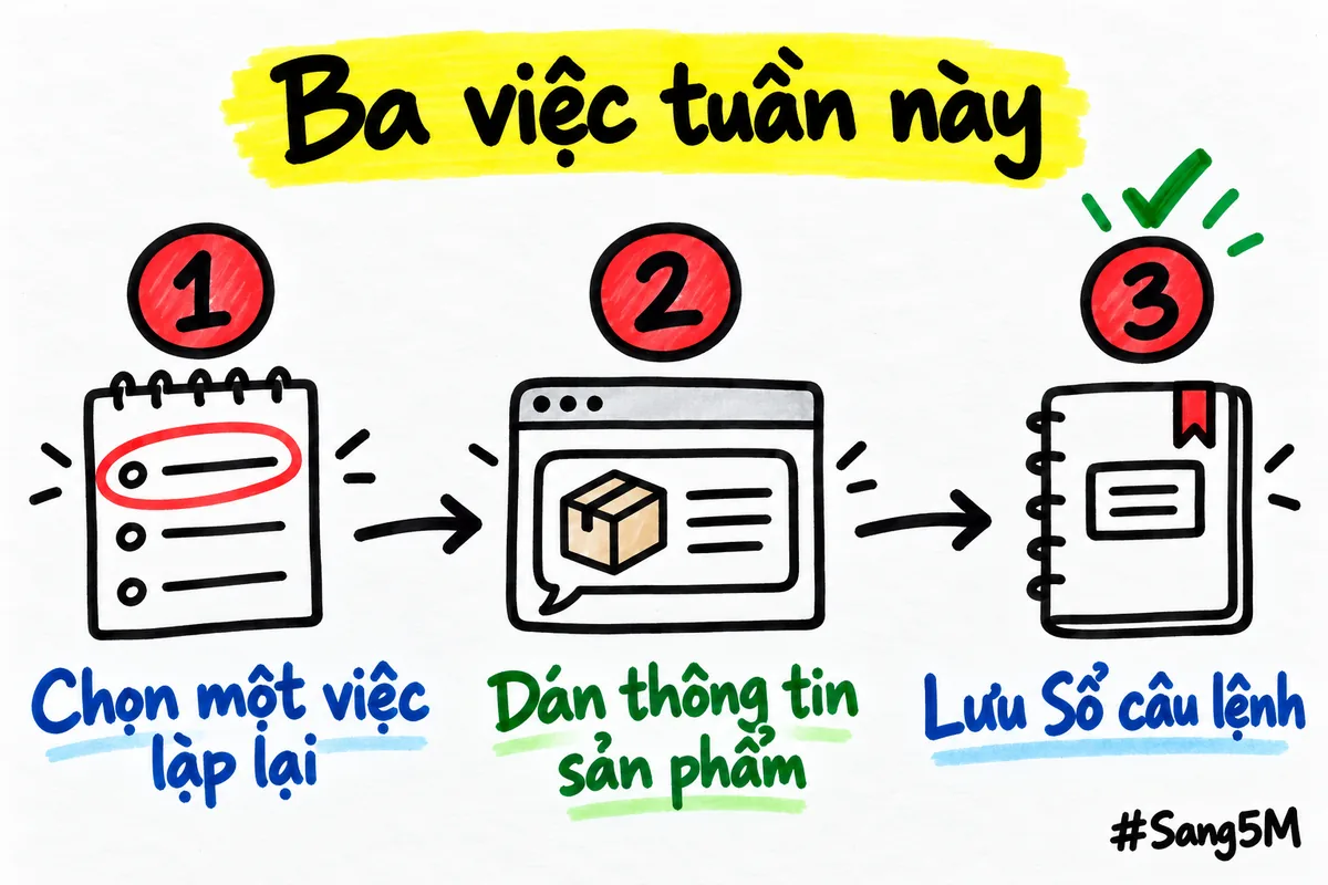 Ba việc nên làm: chọn một việc lặp lại, nhờ AI viết mô tả sản phẩm, lưu lời dặn vào Sổ câu lệnh.
