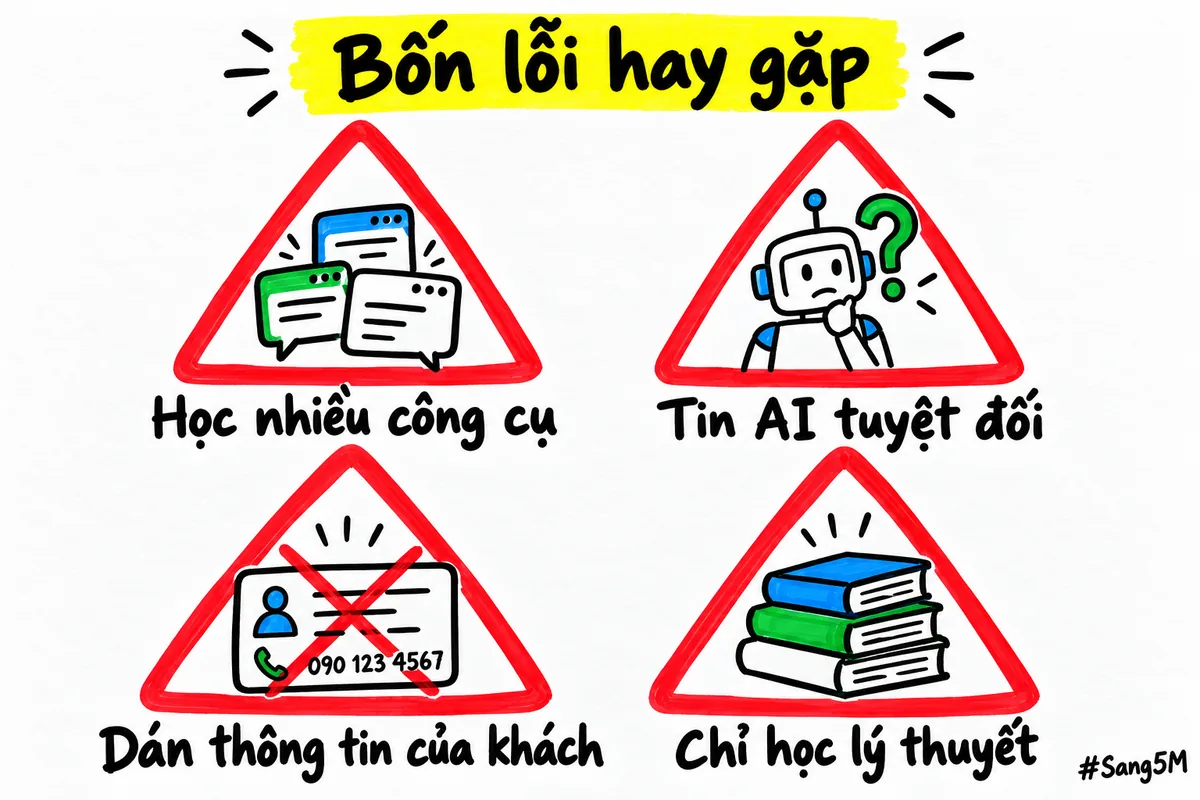 Bốn biển báo đỏ cảnh báo bốn lỗi người mới hay mắc khi tự học AI, mỗi lỗi một biển.