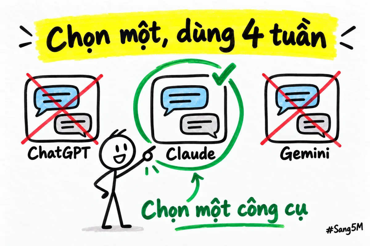 Ba công cụ trò chuyện được vẽ cạnh nhau, người học chỉ chọn một cái và dùng liên tục bốn tuần.