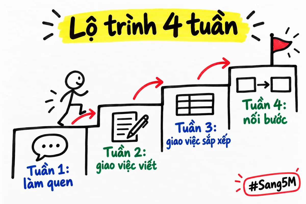 Bốn bậc thang đi lên, mỗi tuần một việc từ làm quen, giao việc viết, giao việc sắp xếp đến nối các bước.