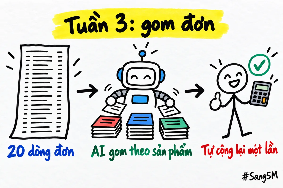 Ví dụ tuần 3: danh sách đơn được AI gom theo sản phẩm, rồi chủ cửa hàng tự cộng lại một lần để kiểm.