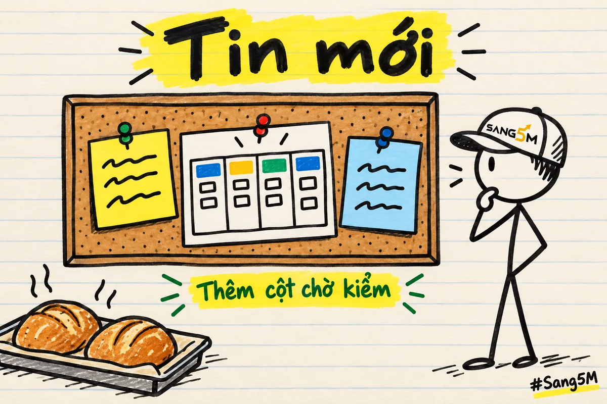 Bảng tin vẽ tay ghim ba mẩu giấy, mẩu giữa có hình bảng bốn cột, khay bánh ở góc, người que đội nón SANG5M đứng đọc.