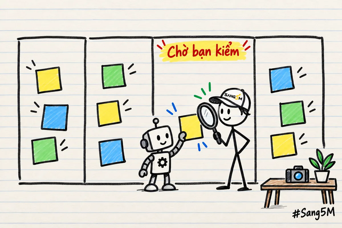 Bảng bốn cột vẽ tay, robot nhỏ đặt thẻ vào cột Chờ bạn kiểm, người đội nón SANG5M cầm kính lúp, máy ảnh trên bàn.