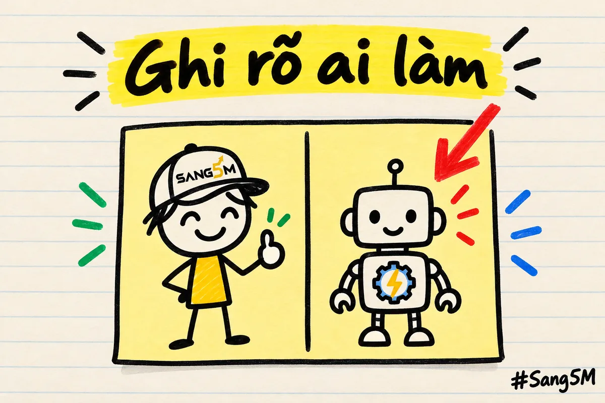 Một tấm thẻ chia hai ô, ô trái vẽ người que đội nón SANG5M, ô phải vẽ robot nhỏ, mũi tên đỏ chỉ vào ô robot.