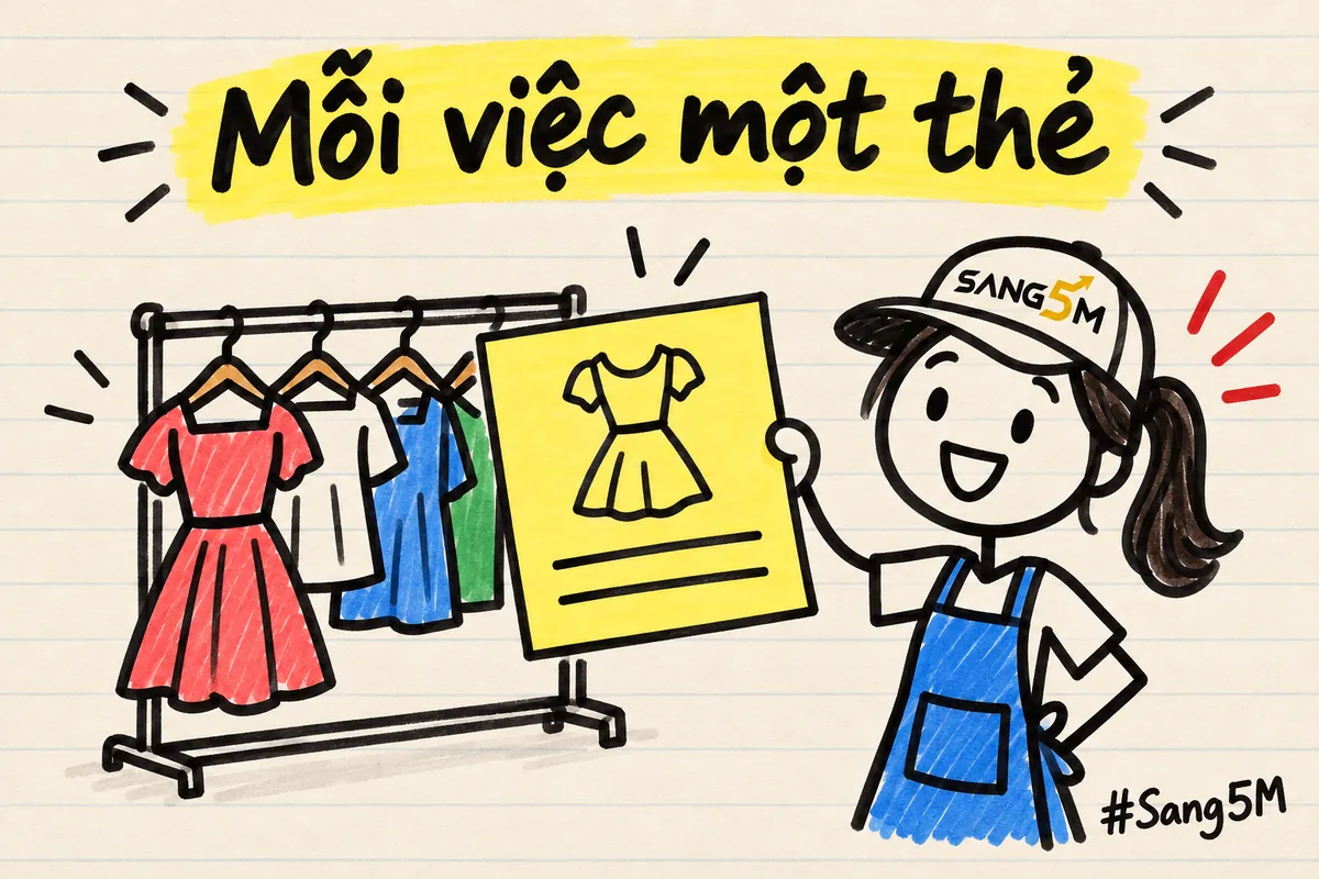 Một tấm thẻ giấy phóng to có hình chiếc váy và vài dòng kẻ trống, kệ áo phía sau, chủ cửa hàng đội nón SANG5M cầm thẻ.