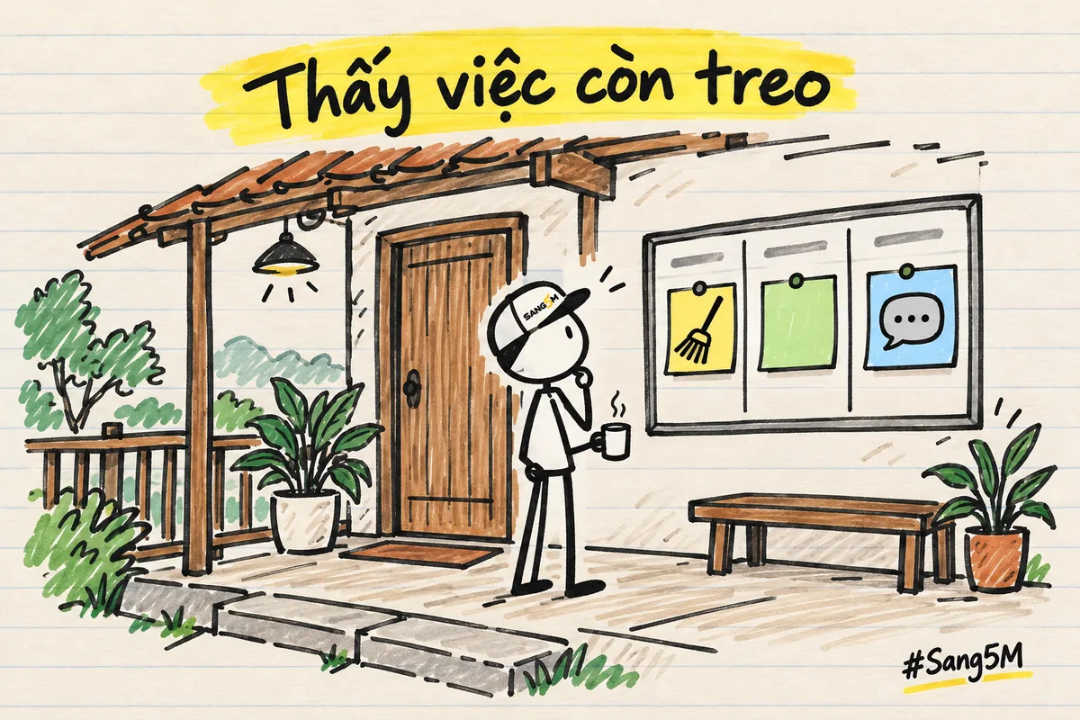 Hiên nhà nghỉ vẽ tay có bảng ba cột treo tường, thẻ hình chổi và hình tin nhắn, chủ nhà đội nón SANG5M đứng nhìn bảng.