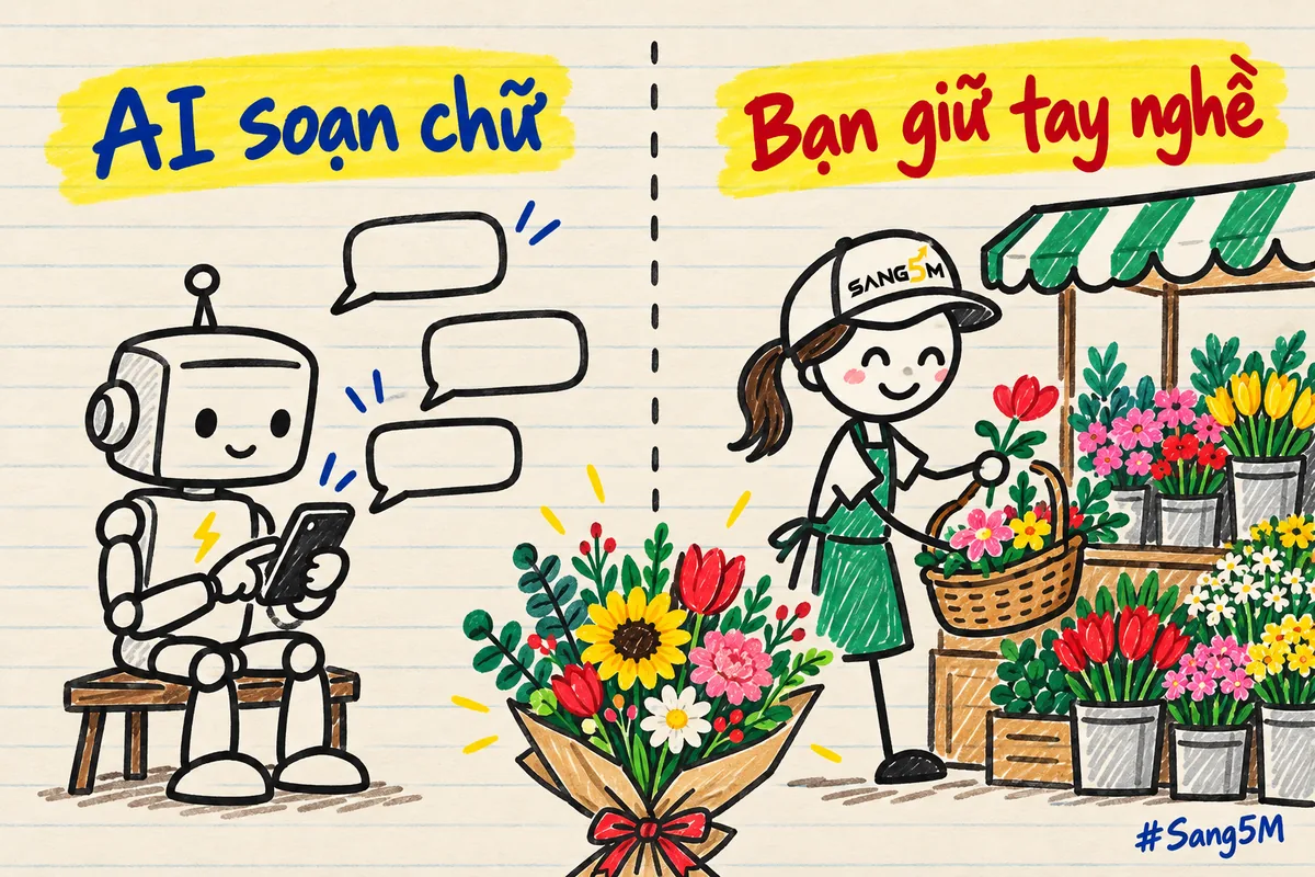 Bảng hai cột cạnh bó hoa tươi, robot soạn chữ bên trái, chủ tiệm hoa đi chợ chọn hoa bên phải, chia việc rõ ràng.