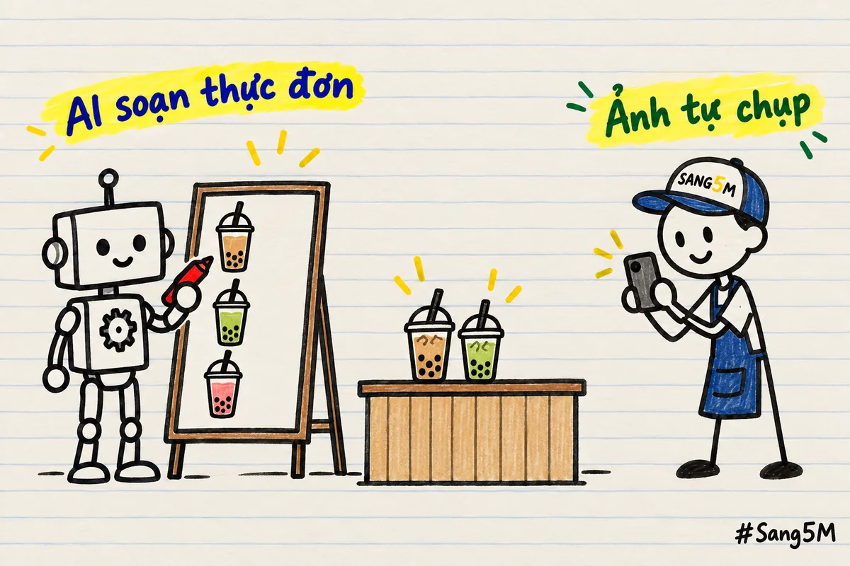 Quầy trà sữa nhỏ tại nhà, robot soạn thực đơn trên bảng, chủ quán cầm điện thoại chụp ly trà sữa thật để giới thiệu.