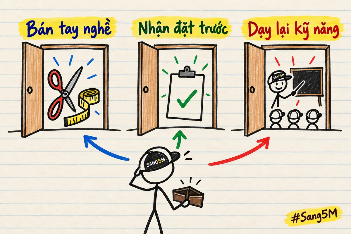 Ba cánh cửa cạnh nhau là bán tay nghề, nhận đặt trước và dạy lại kỹ năng, ba lối vào khi chưa có vốn.